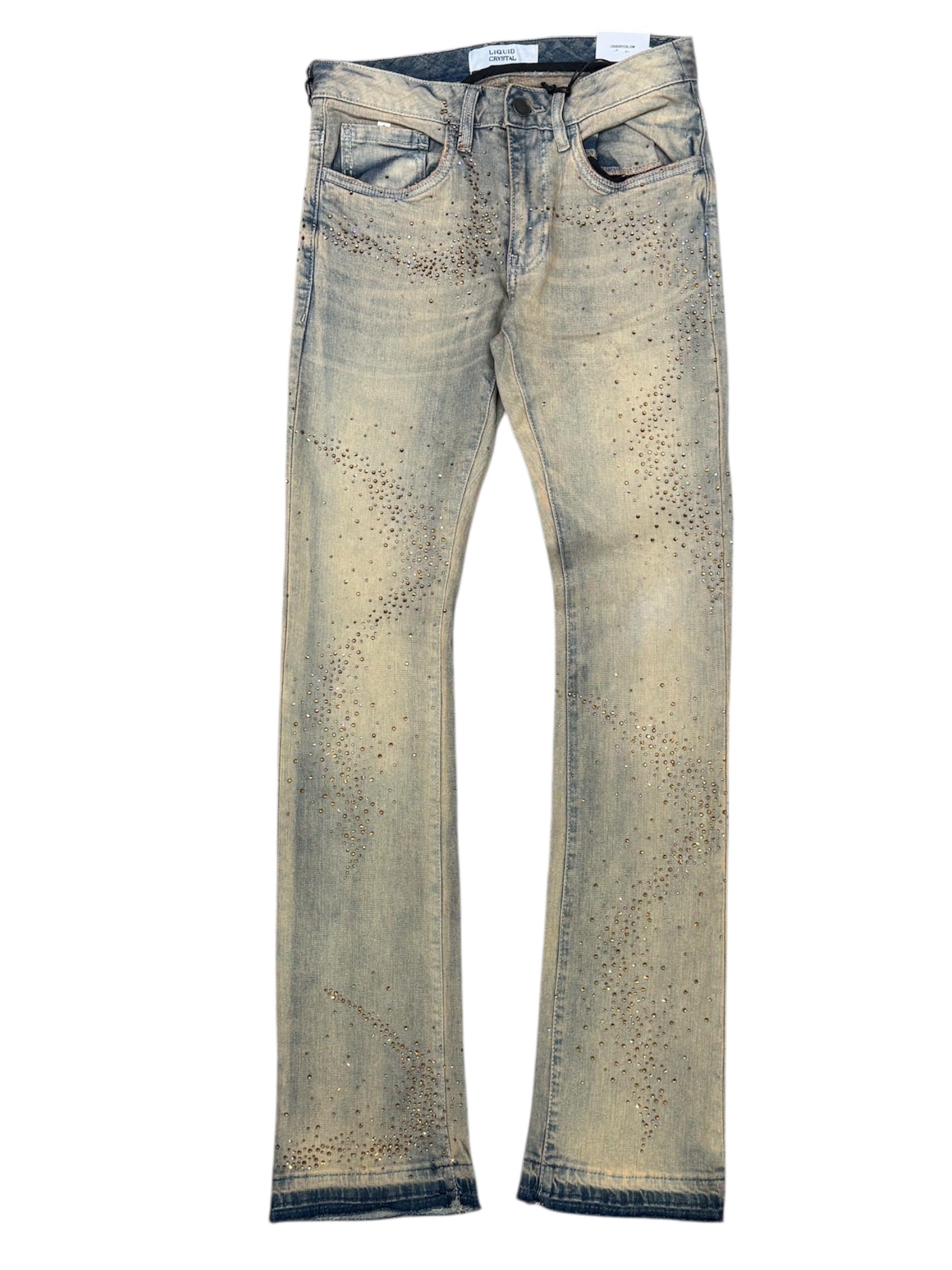 Liquid Crystal - Men Small & Big Crystal Stacked Jeans - Cream Wash JTF2316 Liquid Crystal