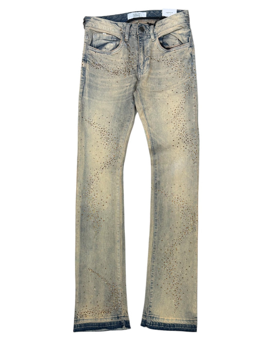Liquid Crystal - Men Small & Big Crystal Stacked Jeans - Cream Wash JTF2316