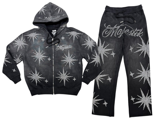 Majestik - Men's Rhinestone Dyed Heavy Jogger Set - Black