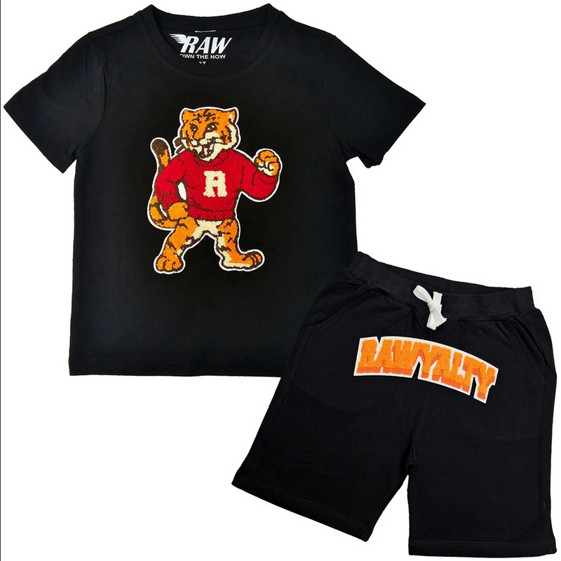Kids Rawyalty Tiger Chenille T-Shirts and Cotton Shorts Set - Black Orange