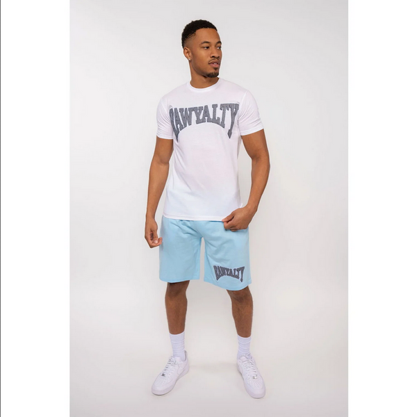 Men Rawyalty Grey Chenille Crew Neck T-Shirts and Cotton Shorts Set - White Sky
