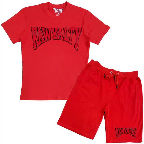 Men Rawyalty Red Chenille Crew Neck T-Shirts and Cotton Shorts Set - Red