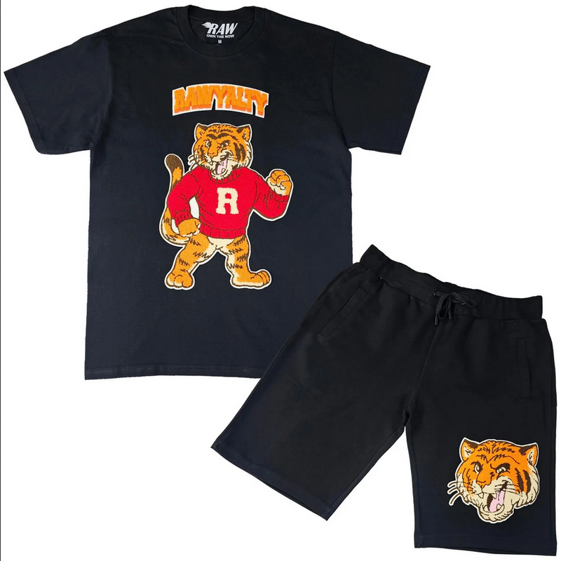 Men Rawyalty Tiger Chenille Crew Neck T-Shirts and Cotton Shorts Set - Black Orange