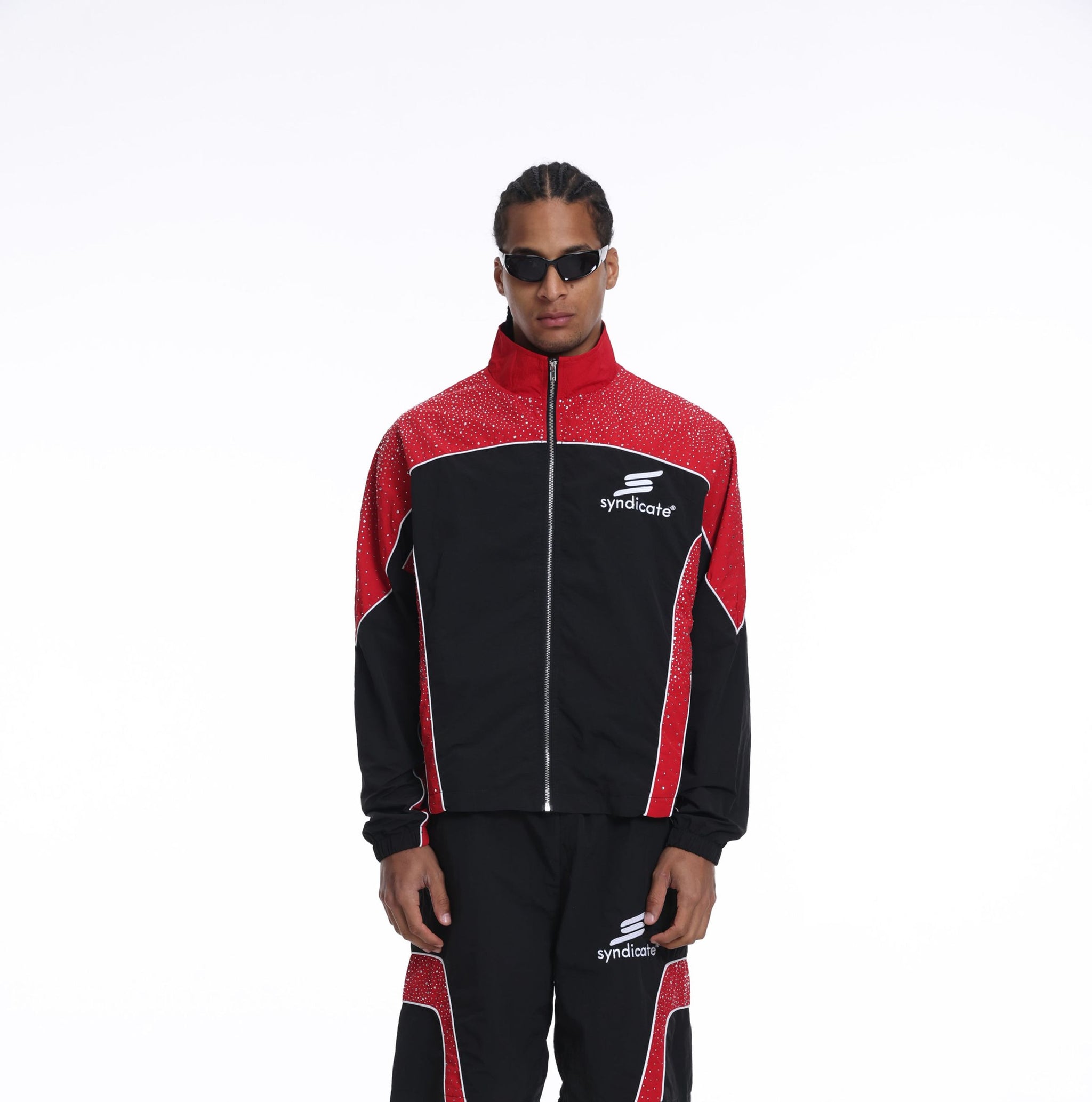 Syndicate - Men's Nylon Windbreaker Jacket & Short Set W Rhinestones  - Black / Red