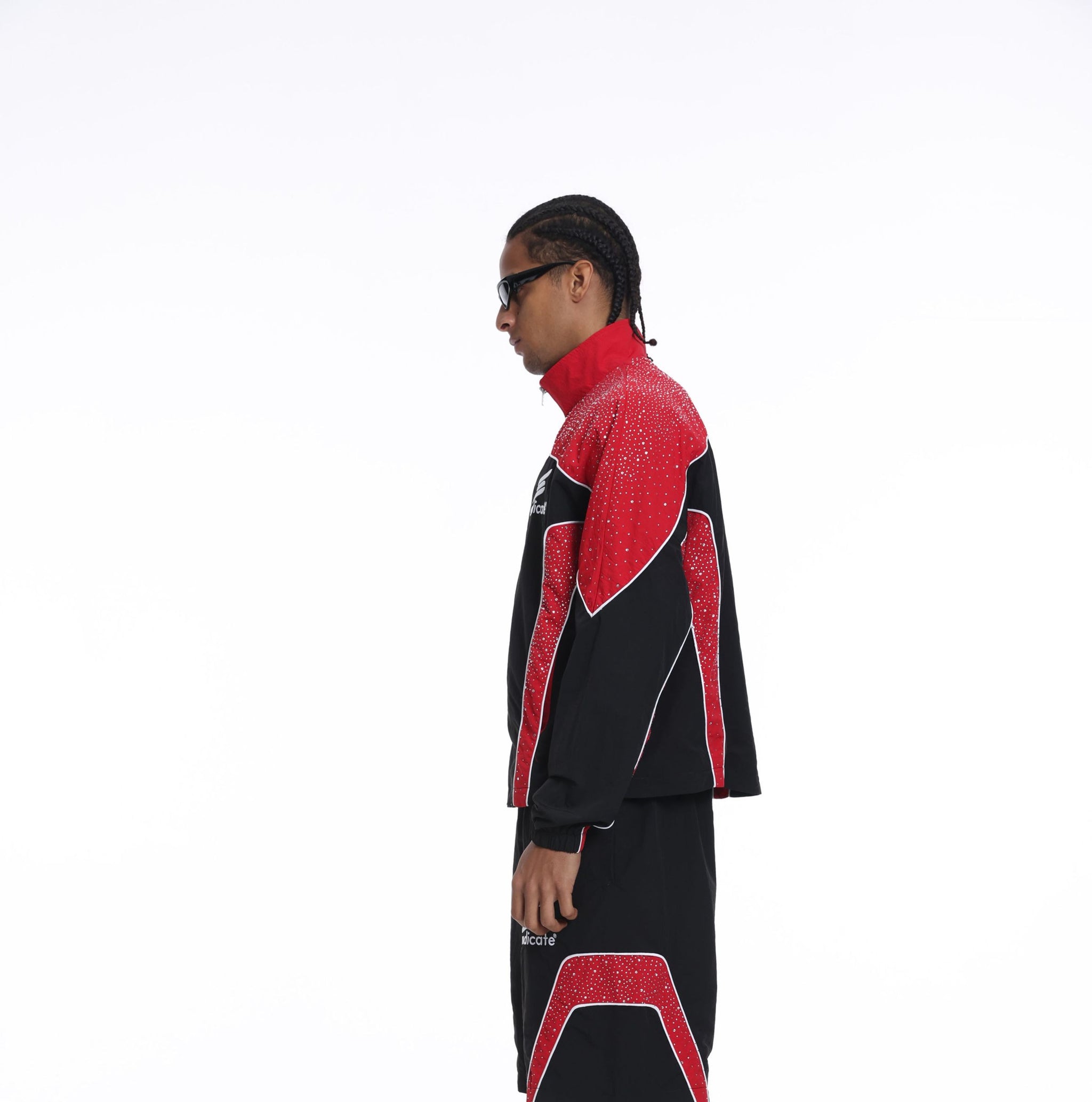 Syndicate - Men's Nylon Windbreaker Jacket & Short Set W Rhinestones  - Black / Red