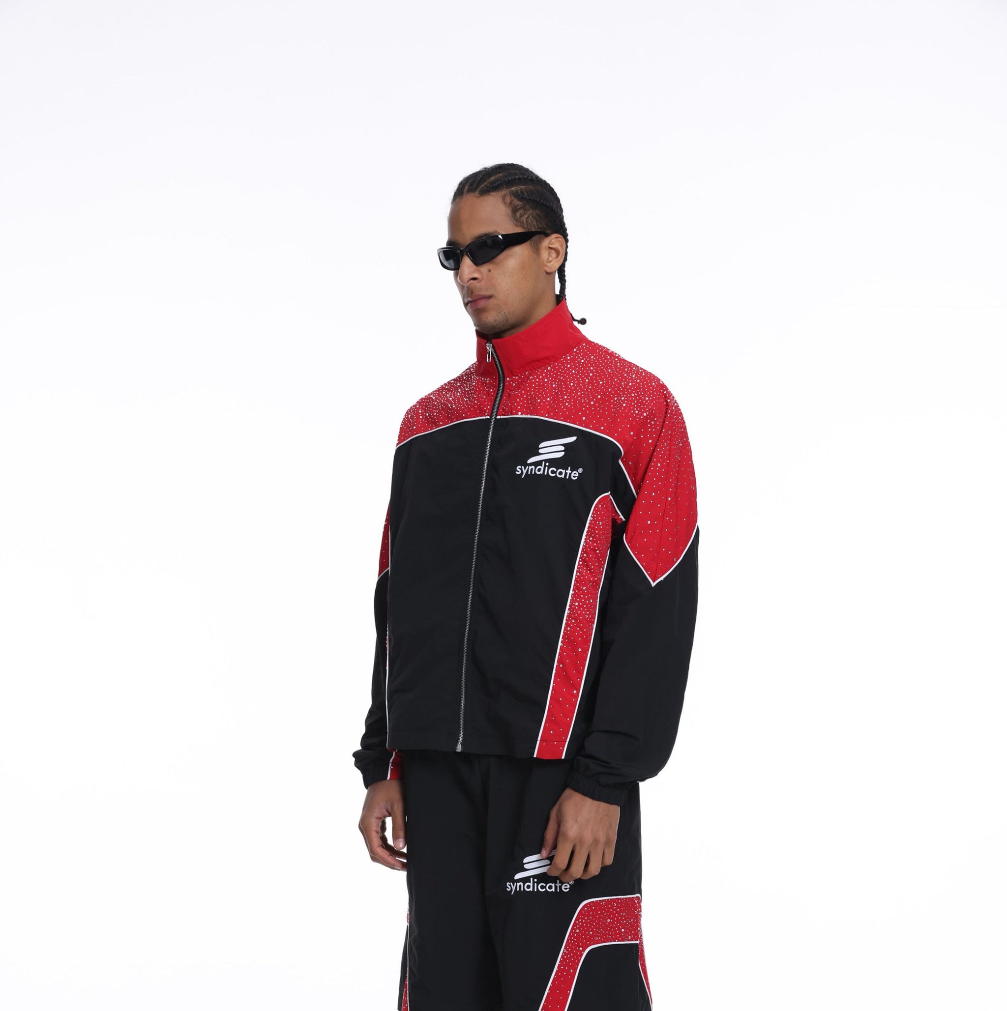 Syndicate - Men's Nylon Windbreaker Jacket & Short Set W Rhinestones  - Black / Red