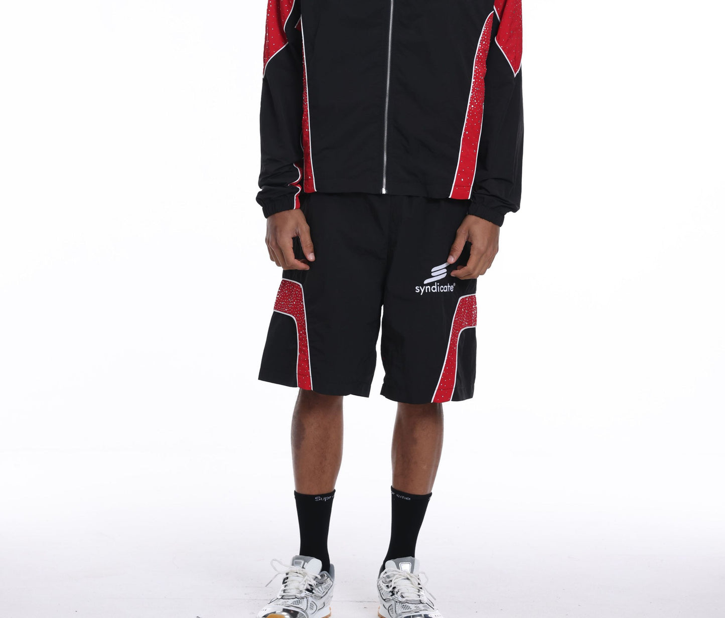 Syndicate - Men's Nylon Windbreaker Jacket & Short Set W Rhinestones  - Black / Red