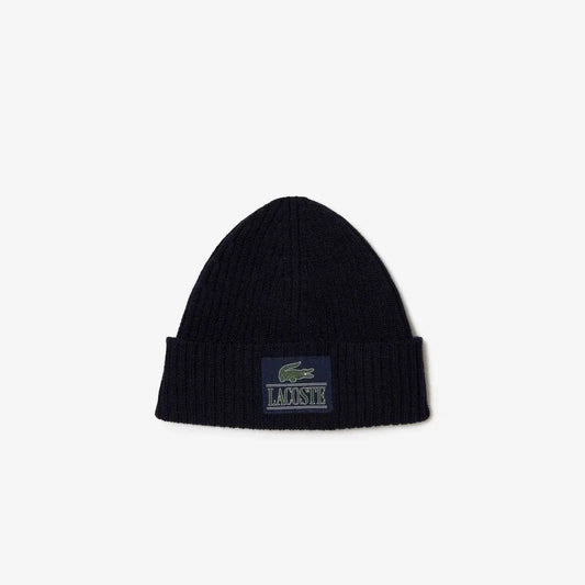 Lacoste Ribbed Wool Woven Patch Beanie - Navy 166 - BLVD