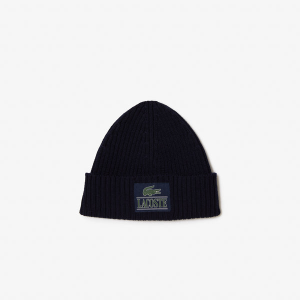 Lacoste Ribbed Wool Woven Patch Beanie - Navy 166
