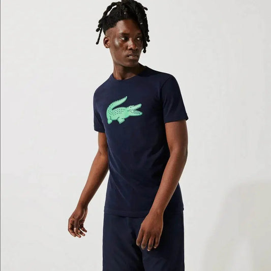 Men's Lacoste SPORT 3D Print Crocodile Breathable Jersey T-shirt Navy Blue Green - BLVD
