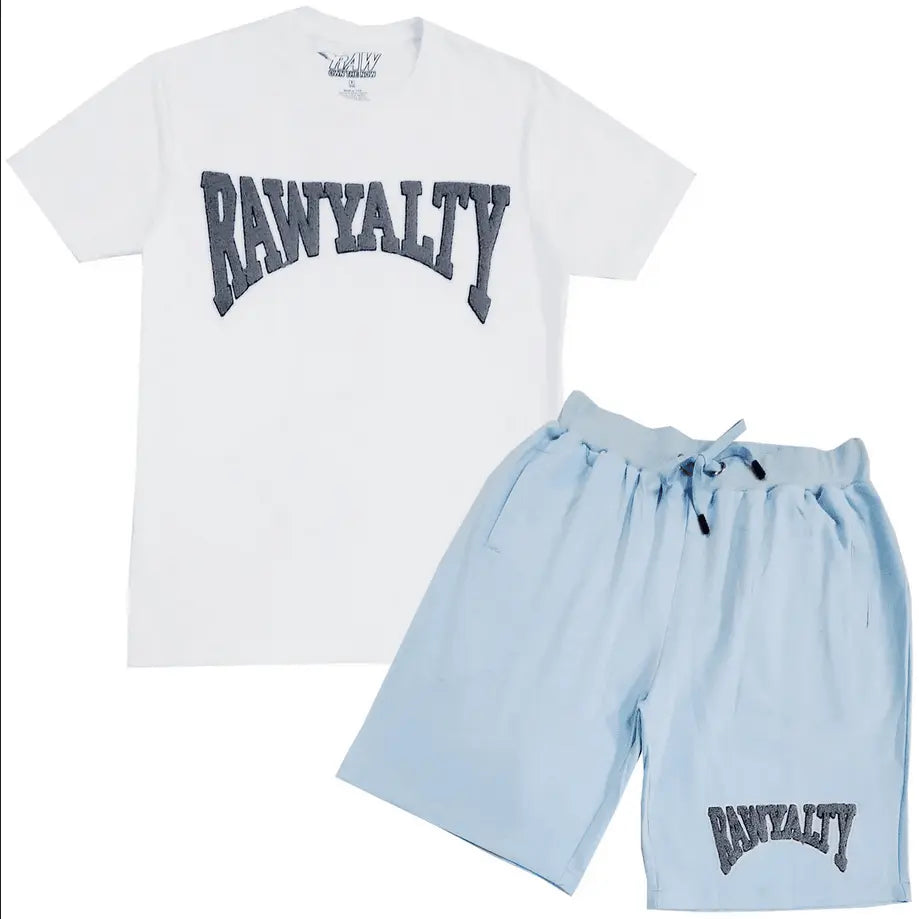 Men Rawyalty Grey Chenille Crew Neck T-Shirts and Cotton Shorts Set - White Sky - BLVD