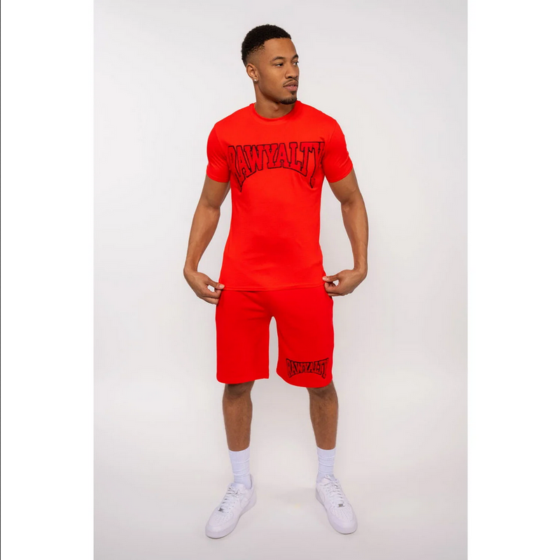 Men Rawyalty Red Chenille Crew Neck T-Shirts and Cotton Shorts Set - Red