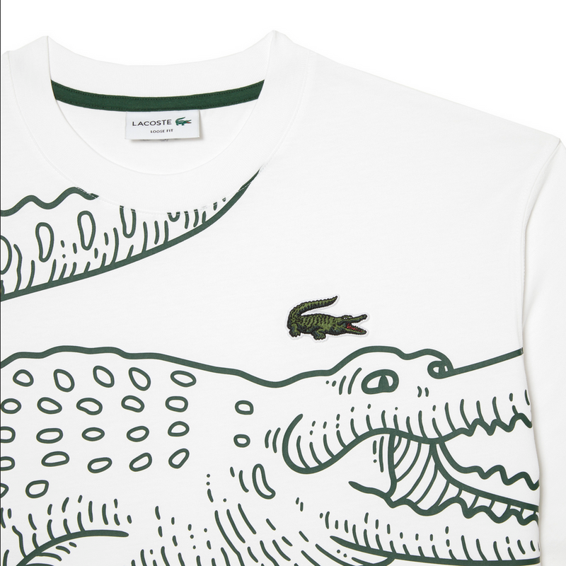 Lacoste  Men’s Crew Neck Loose Fit Crocodile Print T-Shirt - White Green 001