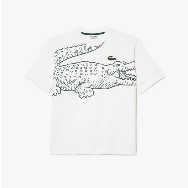 Lacoste  Men’s Crew Neck Loose Fit Crocodile Print T-Shirt - White Green 001
