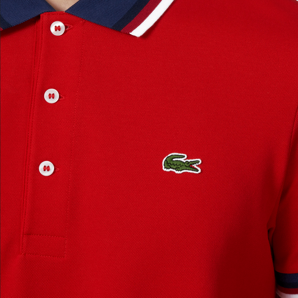 Lacoste Men's Regular Fit Stretch Cotton Piqué Contrast Collar Polo  - Red / Navy Blue