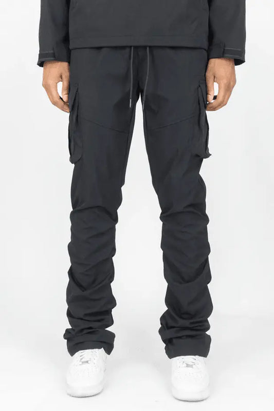 Rebel Minds - Solid Nylon Anorak & Stacked Cargo Pants Set - Black - BLVD