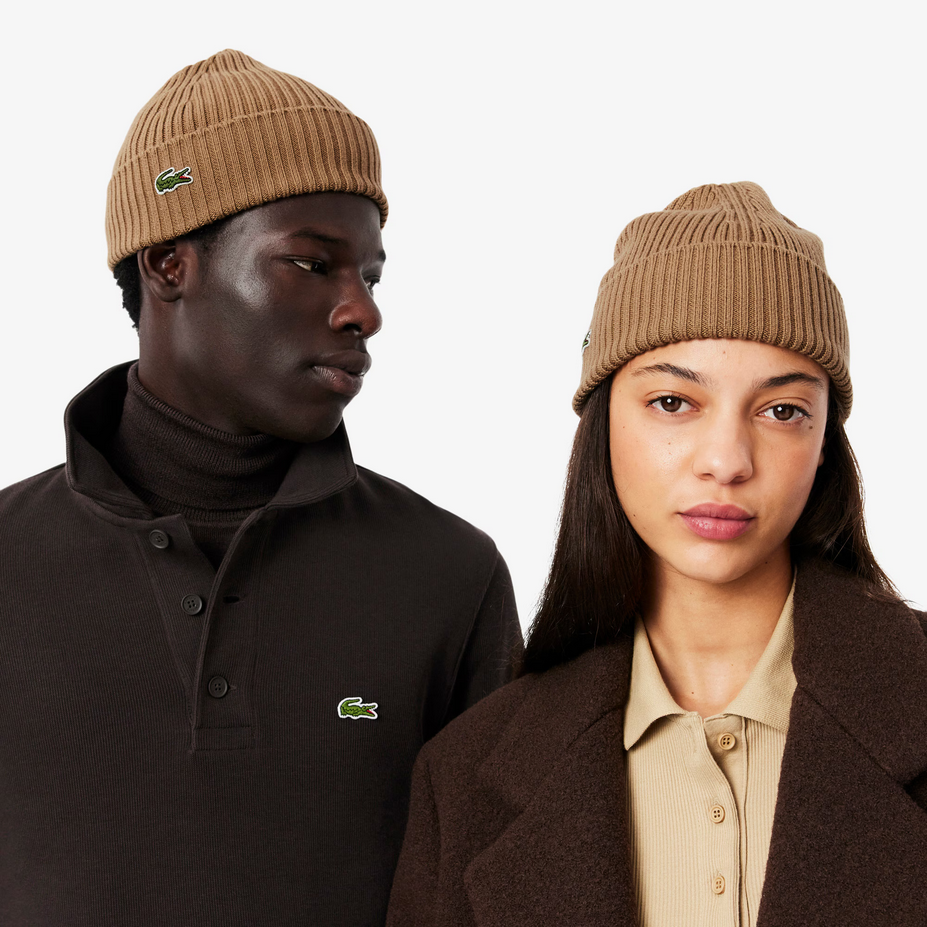 Lacoste Men's Ribbed Wool Beanie - Brown DPC Lacoste