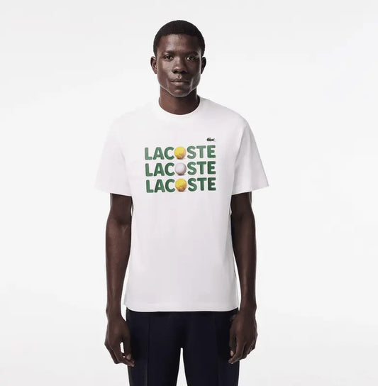 Lacoste Men's Heavy Cotton Tennis Ball Print T-Shirt - White 001 - BLVD