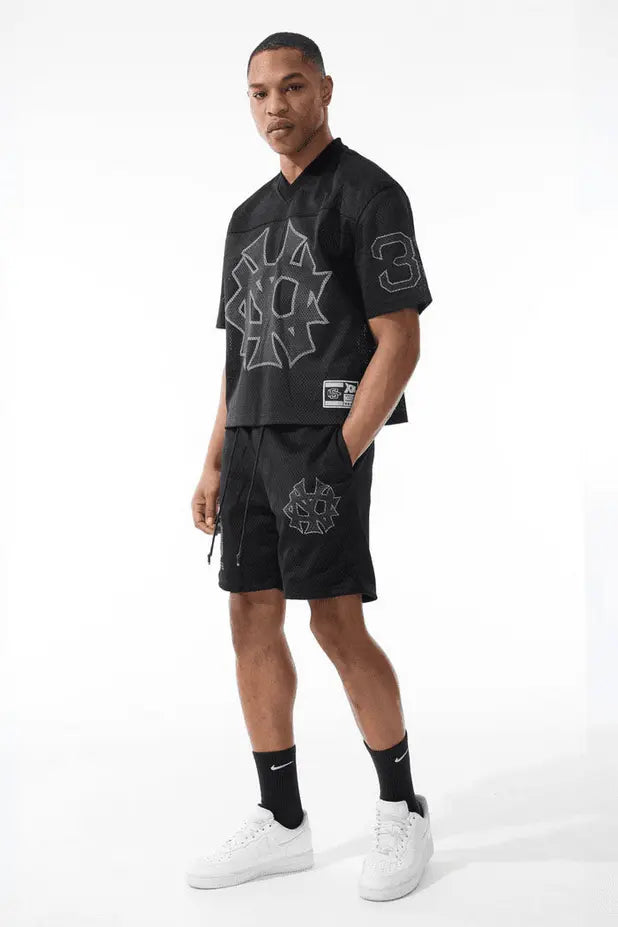 Jordan Craig Men 5 Borough Football Jersey & Mesh Shorts Set (Black) - BLVD