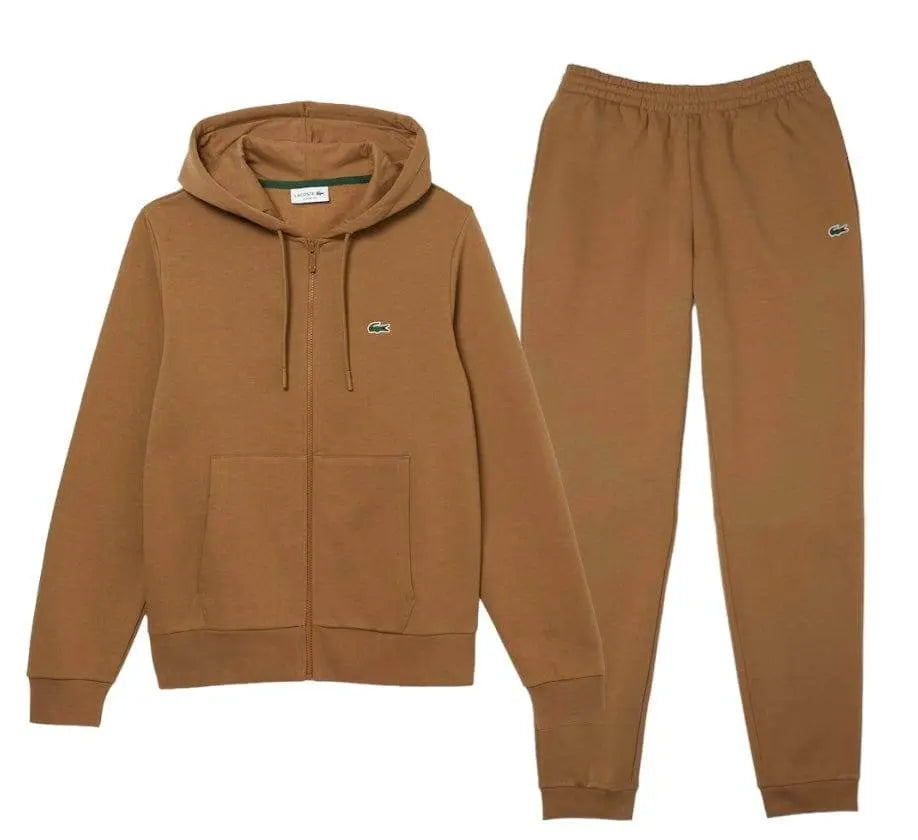 Lacoste Men’s Kangaroo Pocket Color-Block Sweatshirt Hoodie & Tapered Fit Fleece Trackpants Set Z0W Brown - BLVD