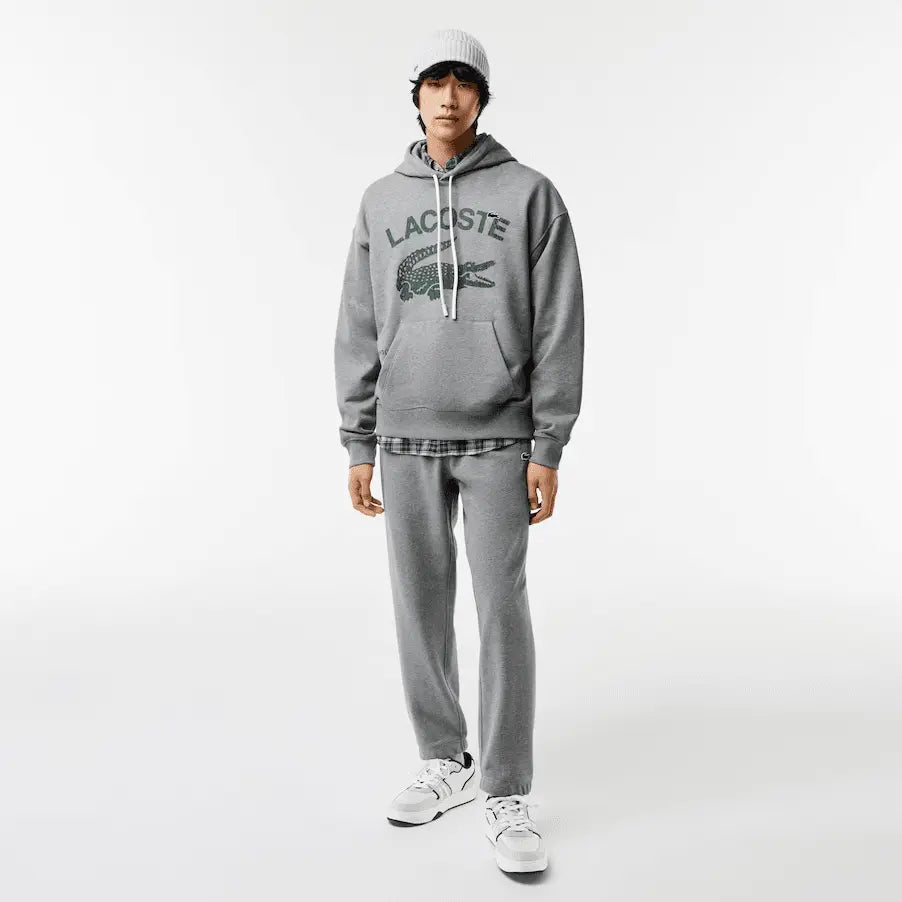 Lacoste Men's Loose Fit Crocodile Hooded Sweatshirt & Print Trackpants Set Grey YRD - BLVD