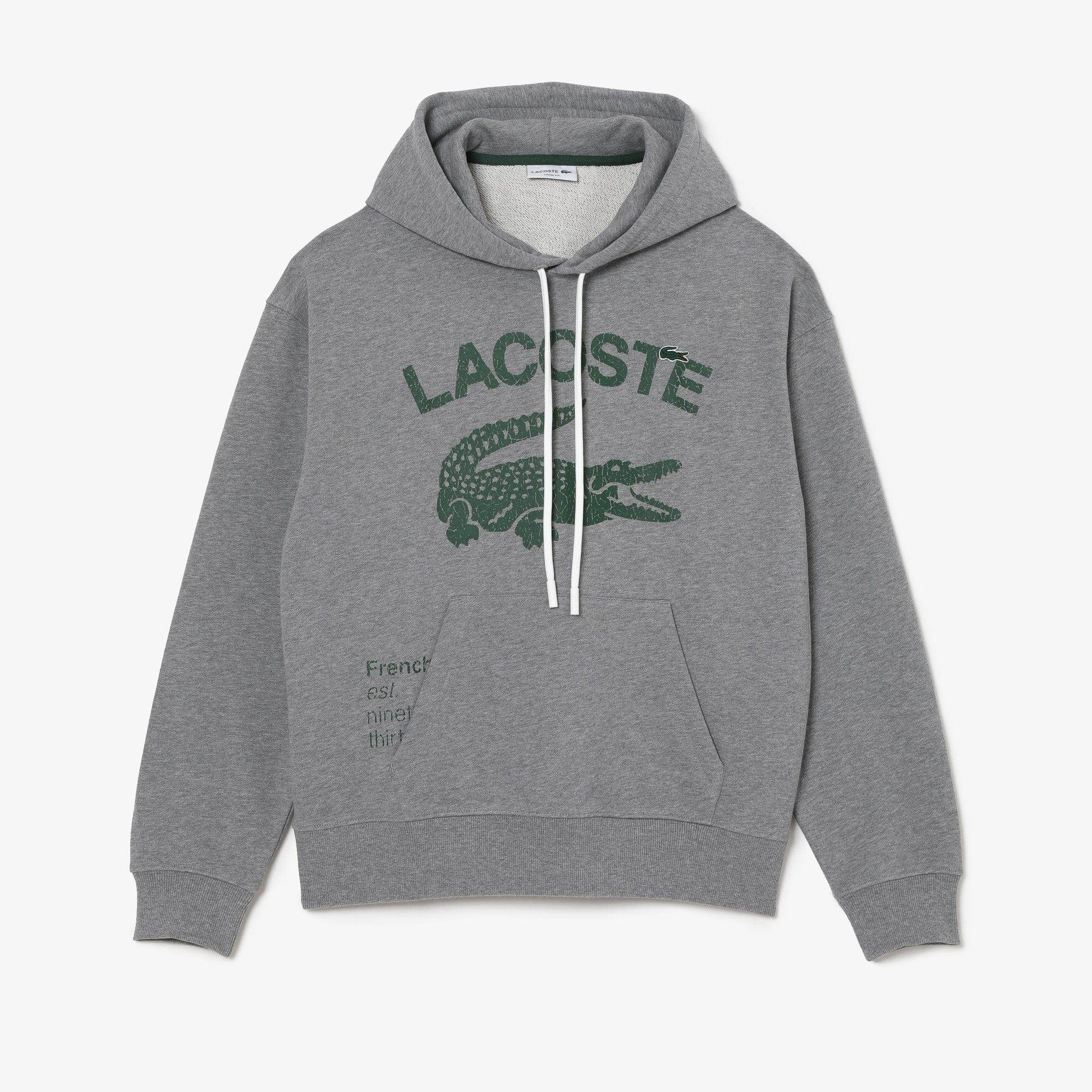 Lacoste Men's Loose Fit Crocodile Hooded Sweatshirt & Print Trackpants Set Grey YRD - BLVD