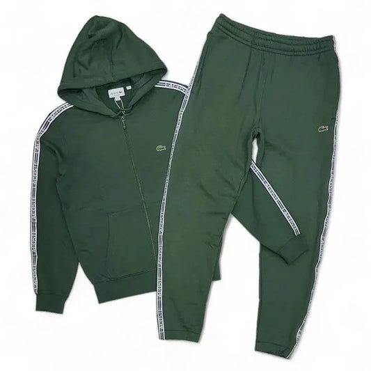 Lacoste Men’s Classic Fit Branded Stripes Zip-Up Hoodie & Logo Stripe Joggers Set - Dark Green SMI - BLVD