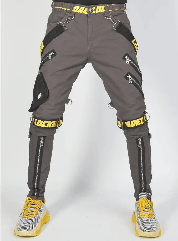 Locked & Loaded Jeans - Straps and Pocket - Dark Grey and Yellow - LL104 - BLVD