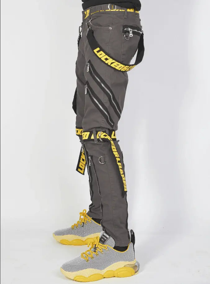 Locked & Loaded Jeans - Straps and Pocket - Dark Grey and Yellow - LL104 - BLVD