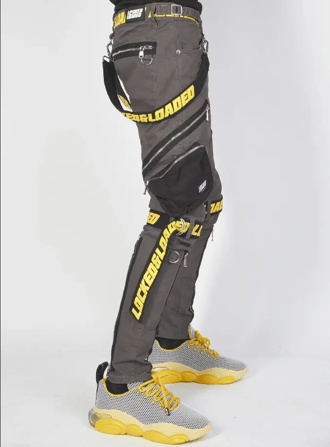 Locked & Loaded Jeans - Straps and Pocket - Dark Grey and Yellow - LL104 - BLVD