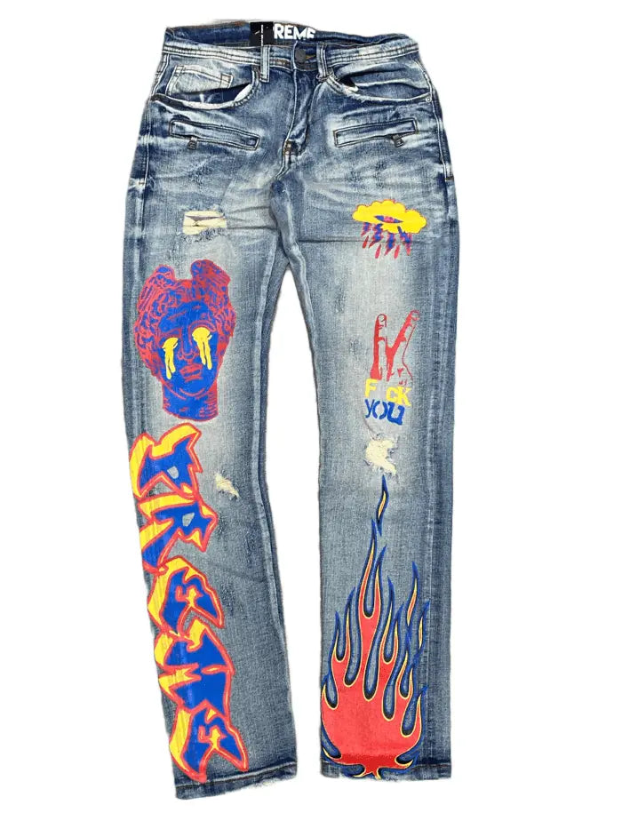 Preme Helios Printed denim Blue / Orange / Yellow - BLVD