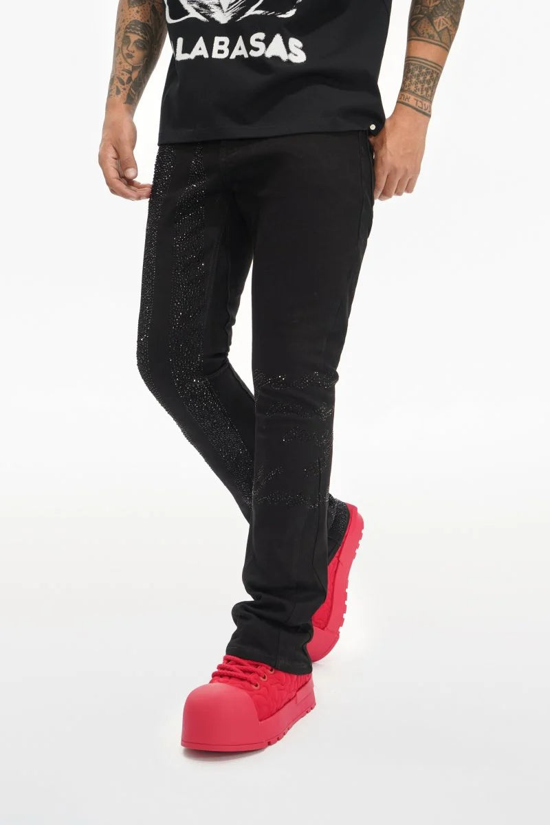 Valabasas - Scripted Rhinestone Stacked Jeans - Black