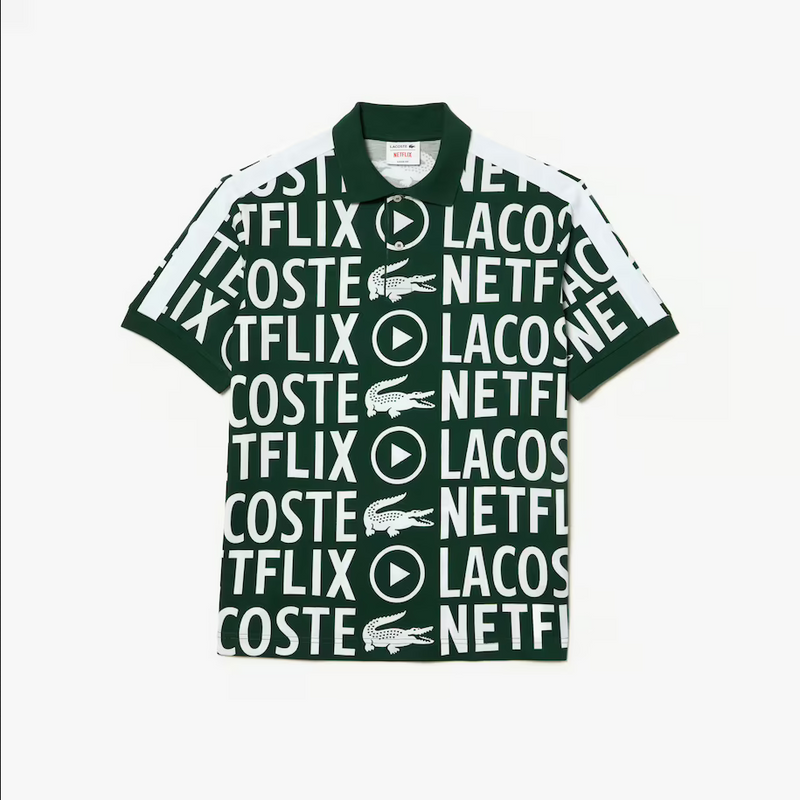 Men’s Lacoste x Netflix Loose Fit Organic Cotton Print Polo  - Green White 291
