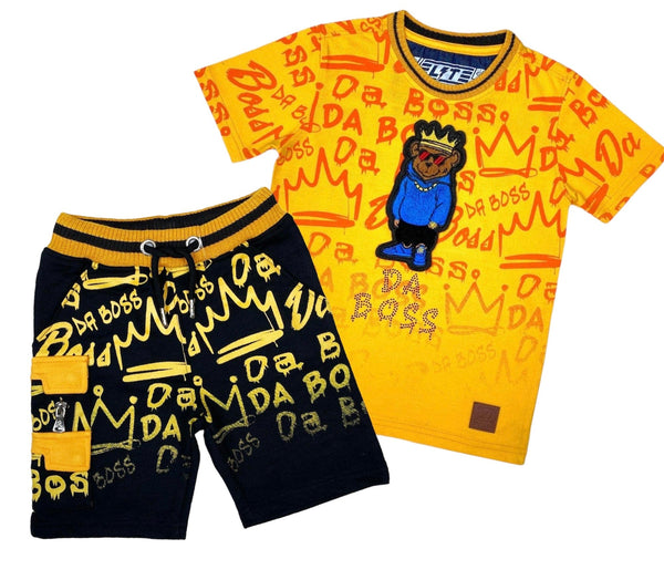 Elite Kids Da Boss Kids Tee & Knitted Short Set Yellow Black kids set by Elite | BLVD