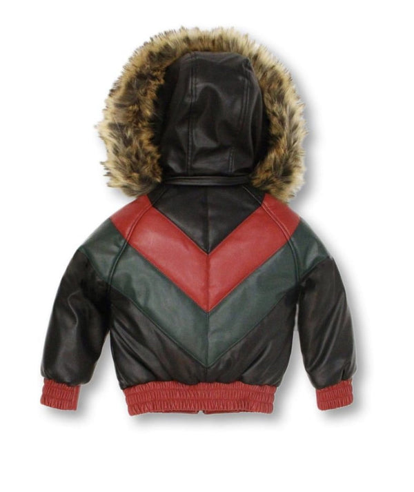 Kids Faux Leather V Bomber Jacket with Detachable Faux Fur Hood - JK922 - BLVD
