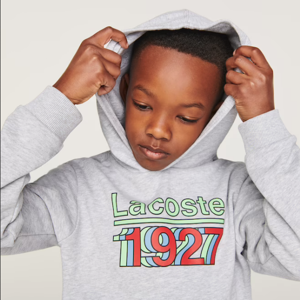 Lacoste Hooded Print Cotton Fleece Sweatshirt Grey Chine / White Kids hoody by Lacoste | BLVD