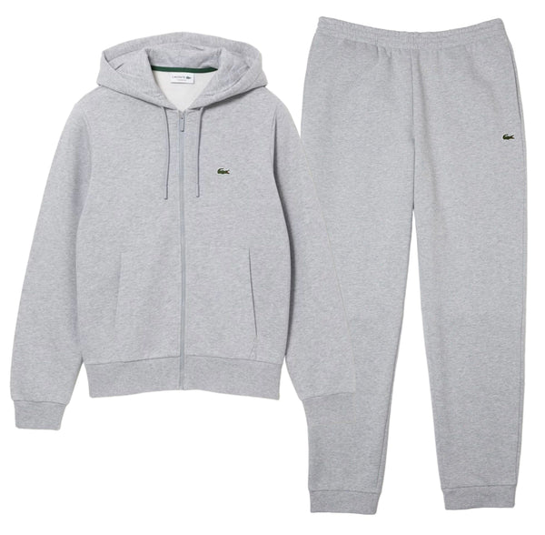 Lacoste Men's Kangaroo Pocket Color-Block Sweatshirt Hoodie & Tapered Fit Fleece Trackpants Set CCA Grey men tracksuit by Lacoste | BLVD