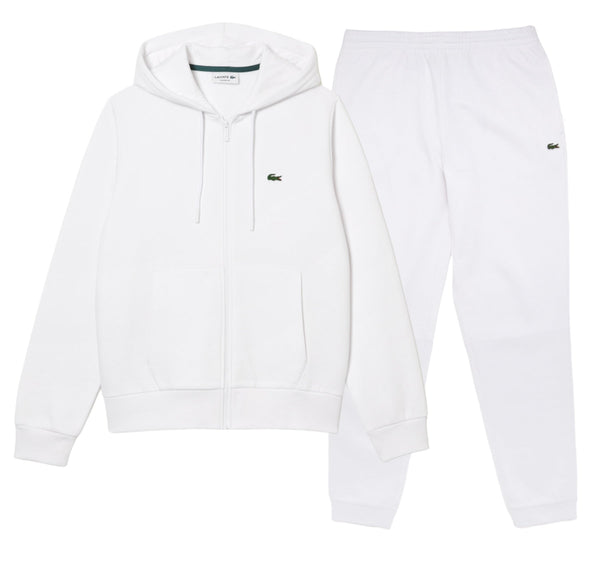 Lacoste Men’s Kangaroo Pocket Color-Block Sweatshirt Hoodie & Tapered Fit Fleece Trackpants Set White 001 men tracksuit by Lacoste | BLVD