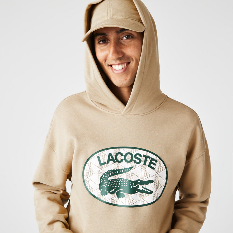 Lacoste Men's Loose Fit Branded Monogram Hooded Sweatshirt Beige men hoody by Lacoste | BLVD