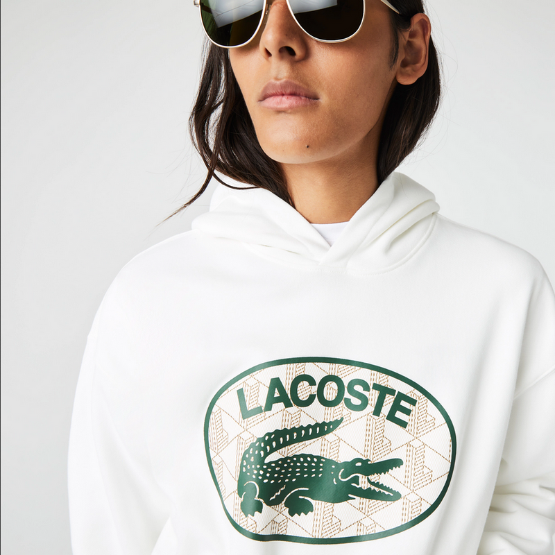 Lacoste Men's Loose Fit Branded Monogram Hooded Sweatshirt White men hoody by Lacoste | BLVD
