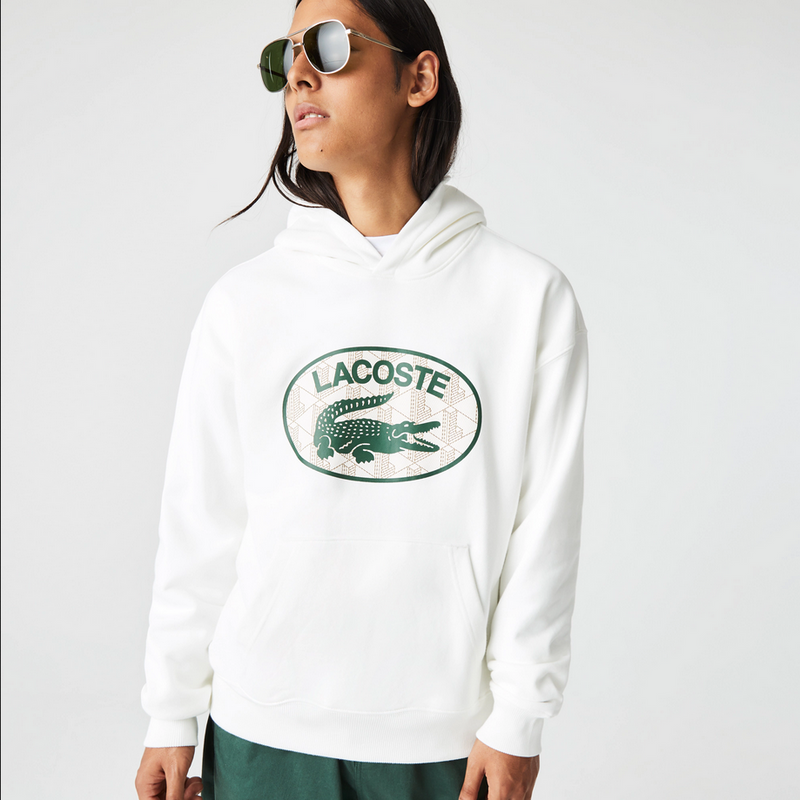 Lacoste Men's Loose Fit Branded Monogram Hooded Sweatshirt White men hoody by Lacoste | BLVD