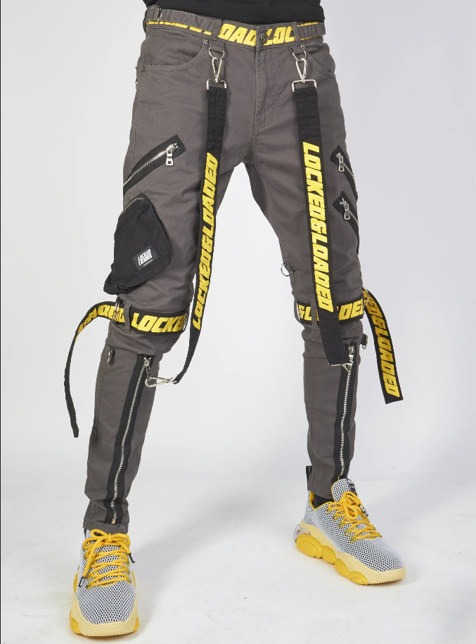 Locked & Loaded Jeans - Straps and Pocket - Dark Grey and Yellow - LL104 - BLVD