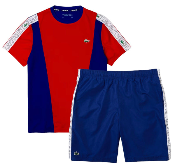 Men's Lacoste Sport Branded Bands Piqué T-shirt & Side Bands Shorts Set Red Blue White MEN SHORTS SET by Lacoste | BLVD