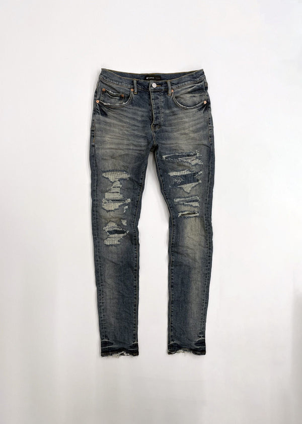 Purple Brand Jeans P001 Low Rise Skinny Indigo Four Pocket Destroy W Silicone Outline P001-fpin222 MEN JEANS by Purple Brand | BLVD